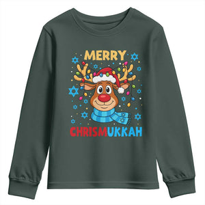 Merry Chrismukkah Youth Sweatshirt Jewish Happy Christmas Hanukkah Reindeer Menorah TS10 Dark Forest Green Print Your Wear