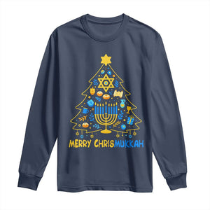 Merry Chrismukkah Long Sleeve Shirt Jewish Happy Hanukkah Christmas Tree TS10 Navy Print Your Wear