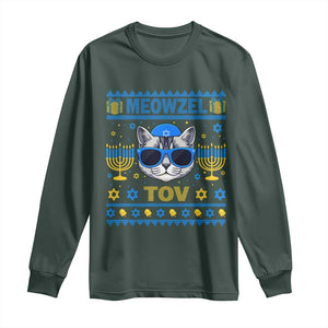 Cat Hanukkah Long Sleeve Shirt Meowzel Tov Jewish Cat Owner Ugly Chanukah TS10 Dark Forest Green Print Your Wear