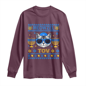 Cat Hanukkah Long Sleeve Shirt Meowzel Tov Jewish Cat Owner Ugly Chanukah TS10 Maroon Print Your Wear
