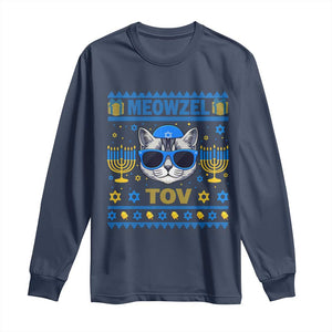 Cat Hanukkah Long Sleeve Shirt Meowzel Tov Jewish Cat Owner Ugly Chanukah TS10 Navy Print Your Wear