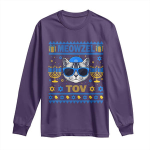 Cat Hanukkah Long Sleeve Shirt Meowzel Tov Jewish Cat Owner Ugly Chanukah TS10 Purple Print Your Wear