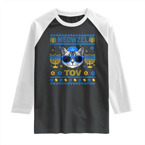 Cat Hanukkah Raglan Shirt Meowzel Tov Jewish Cat Owner Ugly Chanukah TS10 Black White Print Your Wear