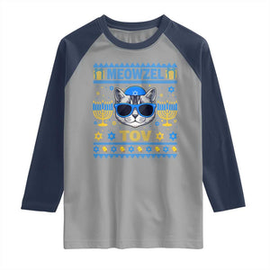 Cat Hanukkah Raglan Shirt Meowzel Tov Jewish Cat Owner Ugly Chanukah TS10 Sport Gray Navy Print Your Wear