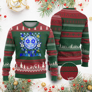 Happy Hanukkah Ugly Christmas Sweater Groovy Star Of David Smile Face Chanukah Pajama TS10 Red Green Print Your Wear