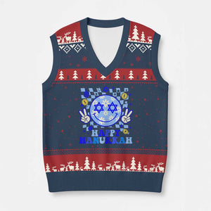 Happy Hanukkah V-Neck Knit Sweater Vest Groovy Star Of David Smile Face Chanukah Pajama TS10 Navy Red Print Your Wear