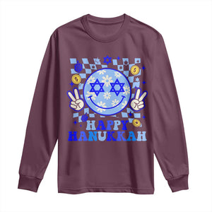 Happy Hanukkah Long Sleeve Shirt Groovy Star Of David Smile Face Chanukah Pajama TS10 Maroon Print Your Wear