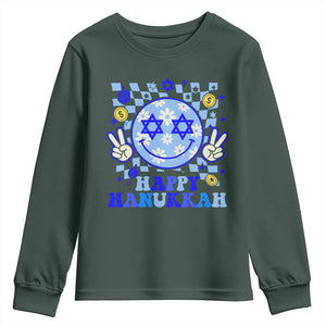Happy Hanukkah Youth Sweatshirt Groovy Star Of David Smile Face Chanukah Pajama TS10 Dark Forest Green Print Your Wear