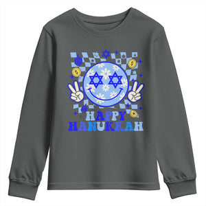 Happy Hanukkah Youth Sweatshirt Groovy Star Of David Smile Face Chanukah Pajama TS10 Dark Heather Print Your Wear