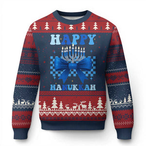 Coquette Hanukkah Ugly Christmas Sweater Jewish Menorah Bow Girls TS10 Navy Red Print Your Wear