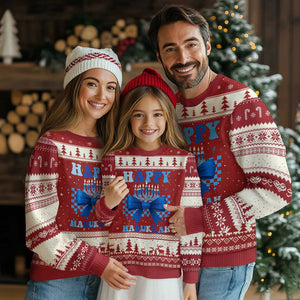 Coquette Hanukkah Ugly Christmas Sweater Jewish Menorah Bow Girls TS10 Red Beige Print Your Wear