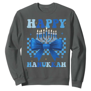 Coquette Hanukkah Sweatshirt Jewish Menorah Bow Girls TS10 Dark Heather Print Your Wear