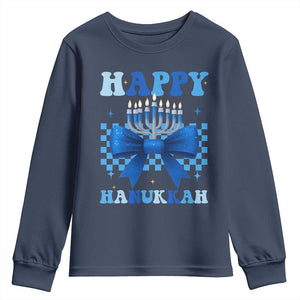 Coquette Hanukkah Youth Sweatshirt Jewish Menorah Bow Girls TS10 Navy Print Your Wear