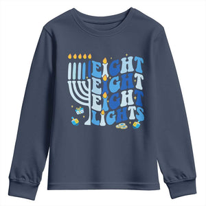 Happy Hanukkah Youth Sweatshirt Retro Groovy Eight Nights and Eight Lights TS10 Navy Print Your Wear