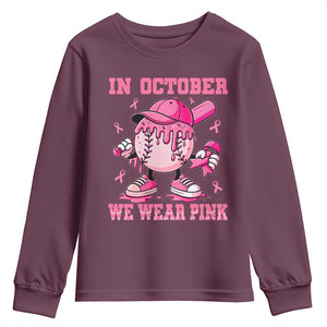 Baseball Breast Cancer Youth Sweatshirt In October We Wear Pink Baseball Drip TS10 Maroon Print Your Wear