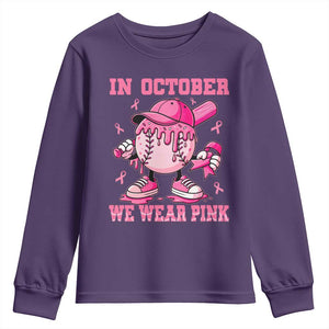 Baseball Breast Cancer Youth Sweatshirt In October We Wear Pink Baseball Drip TS10 Purple Print Your Wear