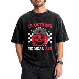 Red October Halloween Washed Cotton T-Shirt Vintage Philadelphia Baseball Fan Jackolantern Pumpkin