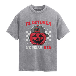 Red October Halloween Washed Cotton T-Shirt Vintage Philadelphia Baseball Fan Jackolantern Pumpkin