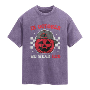 Red October Halloween Washed Cotton T-Shirt Vintage Philadelphia Baseball Fan Jackolantern Pumpkin