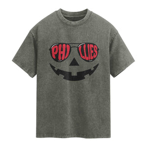 Halloween Philly Washed Cotton T-Shirt Philadelphia Baseball Red October Jackolantern Pumpkin Face
