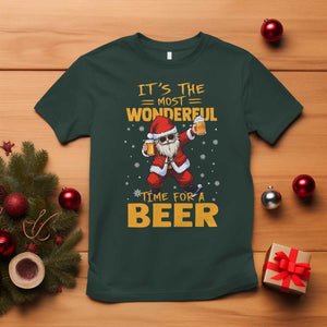 Funny Christmas Santa Claus Drinking Beer Wonderful Time T Shirt TS10 Dark Forest Green Print Your Wear