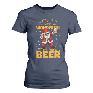 Funny Christmas Santa Claus Drinking Beer Wonderful Time T Shirt For Women TS10 Navy Print Your Wear