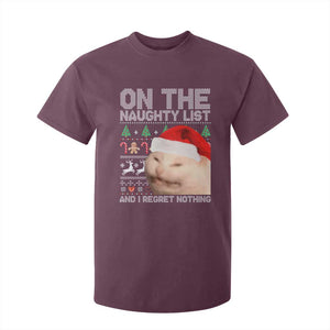 Funny Christmas Cat T Shirt For Kid On The Naughty List And I Regret Nothing Meme Ugly Xmas TS10 Maroon Print Your Wear