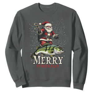 Fishing Christmas Gifts Sweatshirt Merry Fisherman Santa Claus Fish Fishing Rod TS10 Dark Heather Print Your Wear