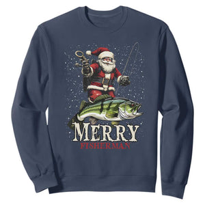 Fishing Christmas Gifts Sweatshirt Merry Fisherman Santa Claus Fish Fishing Rod TS10 Navy Print Your Wear