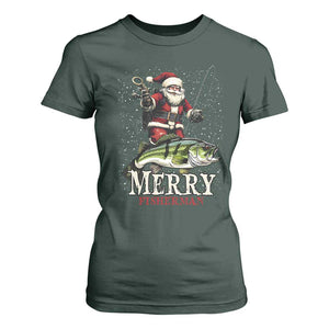 Fishing Christmas Gifts T Shirt For Women Merry Fisherman Santa Claus Fish Fishing Rod TS10 Dark Forest Green Print Your Wear