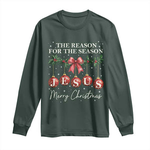 Christian Christmas Long Sleeve Shirt Merry Xmas Jesus The Reason Coquette Bow TS10 Dark Forest Green Print Your Wear