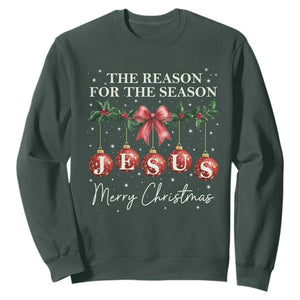 Christian Christmas Sweatshirt Merry Xmas Jesus The Reason Coquette Bow TS10 Dark Forest Green Print Your Wear