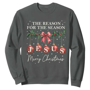 Christian Christmas Sweatshirt Merry Xmas Jesus The Reason Coquette Bow TS10 Dark Heather Print Your Wear