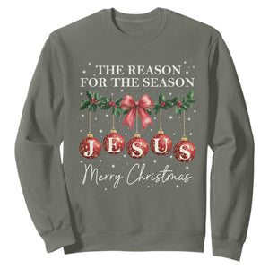 Christian Christmas Sweatshirt Merry Xmas Jesus The Reason Coquette Bow TS10 Military Green Print Your Wear