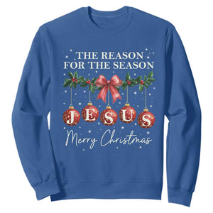 Christian Christmas Sweatshirt Merry Xmas Jesus The Reason Coquette Bow TS10 Royal Blue Print Your Wear