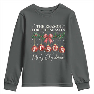 Christian Christmas Youth Sweatshirt Merry Xmas Jesus The Reason Coquette Bow TS10 Dark Heather Print Your Wear