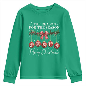 Christian Christmas Youth Sweatshirt Merry Xmas Jesus The Reason Coquette Bow TS10 Irish Green Print Your Wear