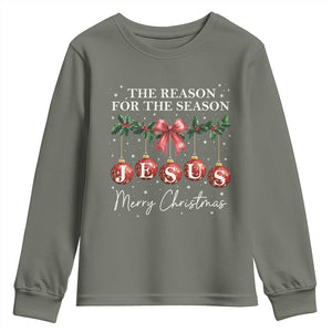 Christian Christmas Youth Sweatshirt Merry Xmas Jesus The Reason Coquette Bow TS10 Military Green Print Your Wear