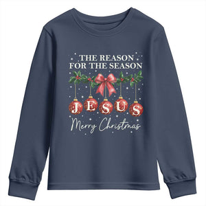 Christian Christmas Youth Sweatshirt Merry Xmas Jesus The Reason Coquette Bow TS10 Navy Print Your Wear