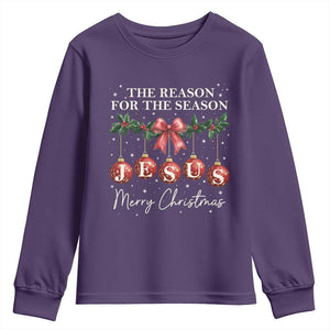 Christian Christmas Youth Sweatshirt Merry Xmas Jesus The Reason Coquette Bow TS10 Purple Print Your Wear