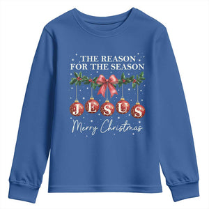 Christian Christmas Youth Sweatshirt Merry Xmas Jesus The Reason Coquette Bow TS10 Royal Blue Print Your Wear
