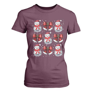 Christmas Coquette T Shirt For Women Girly Xmas Disco Snowman Bow TS10 Maroon Print Your Wear
