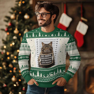 Funny Cat Ugly Christmas Sweater Mugshot I Knocked Down The Xmas Tree TS10 Green Print Your Wear