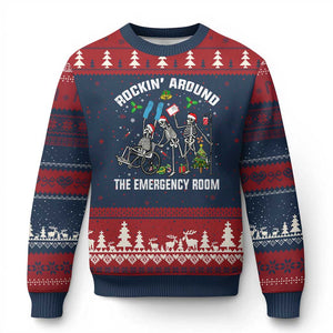 Xmas ER Nurse Ugly Christmas Sweater Rockin Around Skeleton Emergency Room RN TS10 Navy Red Print Your Wear