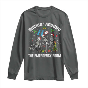 Christmas ER Nurse Long Sleeve Shirt Rockin Around Skeleton Emergency Room RN TS10 Dark Heather Print Your Wear