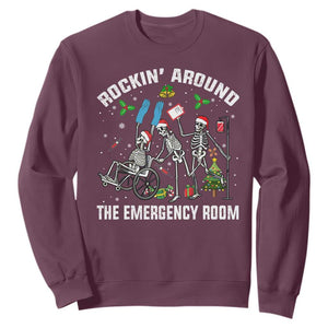 Christmas ER Nurse Sweatshirt Rockin Around Skeleton Emergency Room RN TS10 Maroon Print Your Wear
