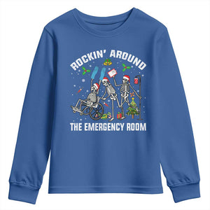 Christmas ER Nurse Youth Sweatshirt Rockin Around Skeleton Emergency Room RN TS10 Royal Blue Print Your Wear