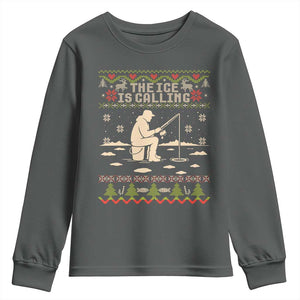 Funny Christmas Ice Fishing Youth Sweatshirt Merry Fishmas Fish Fishing Ugly Xmas TS10 Dark Heather Print Your Wear