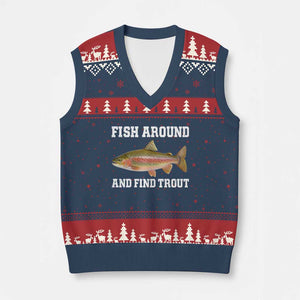 Fish Around and Find Trout V-Neck Knit Sweater Vest Fishing Meme Punny Pun Dad Joke Fisherman Gift TS10 Navy Red Print Your Wear