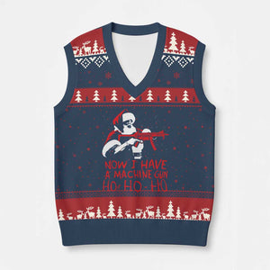 Now I Have A Machine Gun V-Neck Knit Sweater Vest Funny Retro Xmas 90s Movie Santa Gun Lovers TS10 Navy Red Print Your Wear